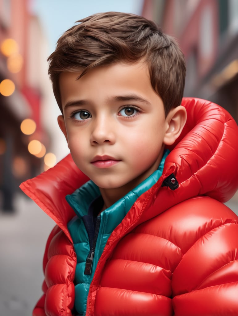 cute boy, dressed red inflatable puffer jacket, headshot, hyper realistic, vibrant colors