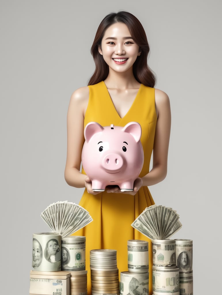 4k high resloution hd image,Korean woman happy smile lady and holding piggy bank with money, dresses yellow, isolated over white background