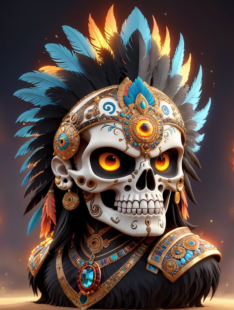 Una calavera azteca con su impresionante penacho de plumas hermosas y pedrería brillante, monta un caballo negro con ojos brillantes como el fuego