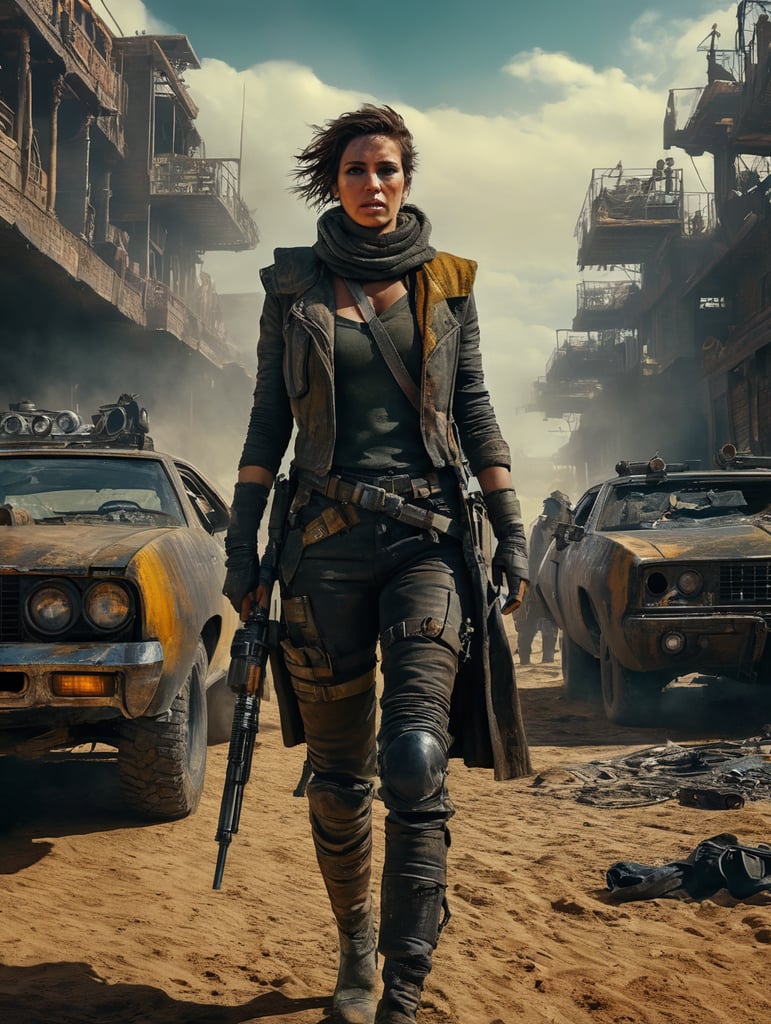 MAN protagonist dystopian theme mad max style wes anderson reference female lead character post apocalyptic setting retro futuristic bold color palette action packed scene visual storytelling