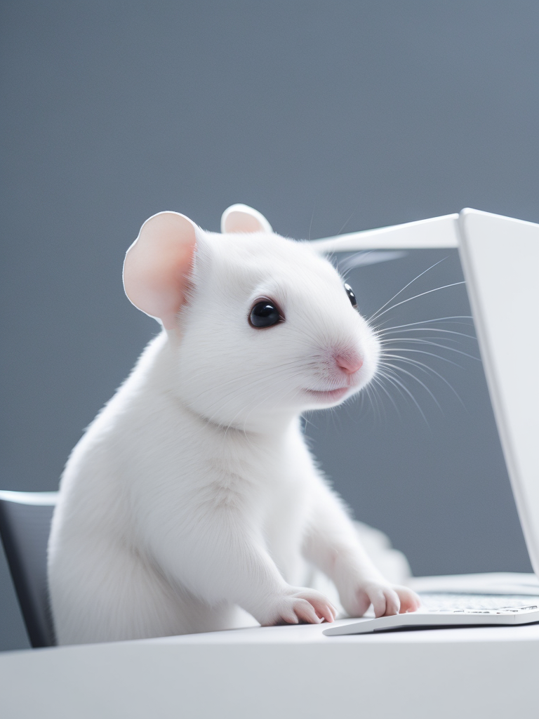 Cute white mouse look like a human stylized as a software engineer near the computer. Large free space on the left half of image. High key. White color.