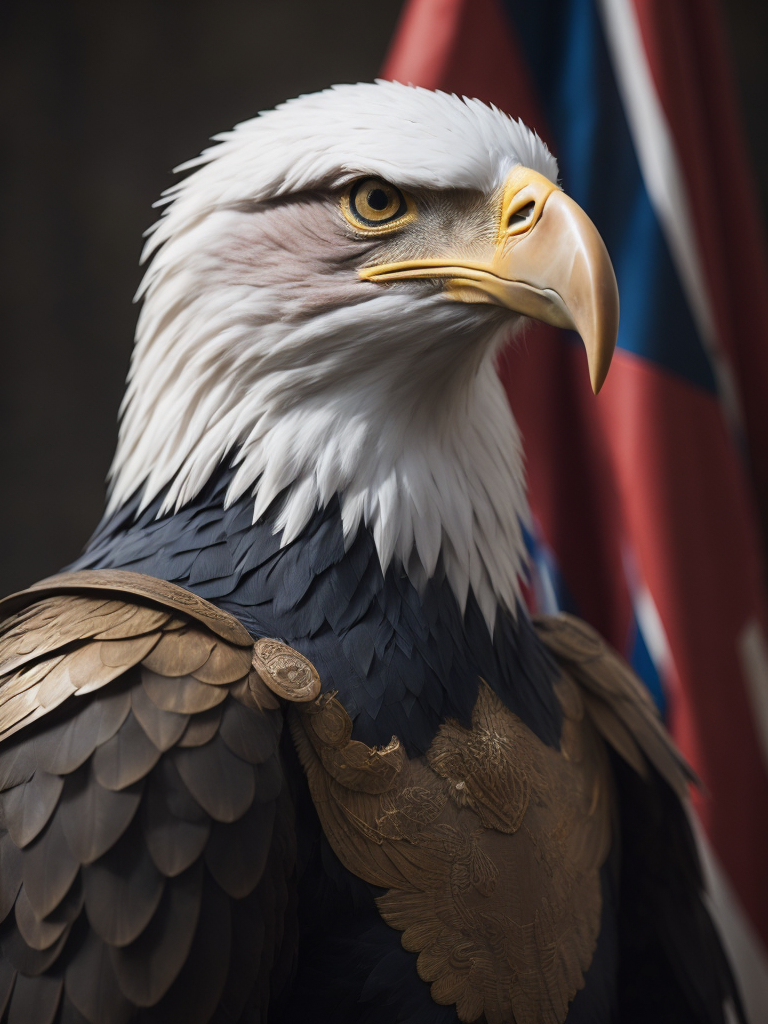 Bald eagle wearing armor holding an Russian flag