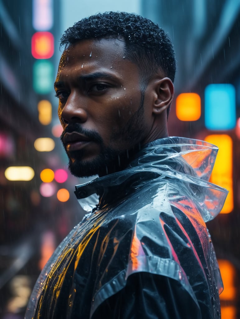 Cyborg black man wearing transparent raincoat, cyborg parts, rainy dark and neon tokio photo shoot, cyberpunk style, bright colours, high contrast, contrast lights