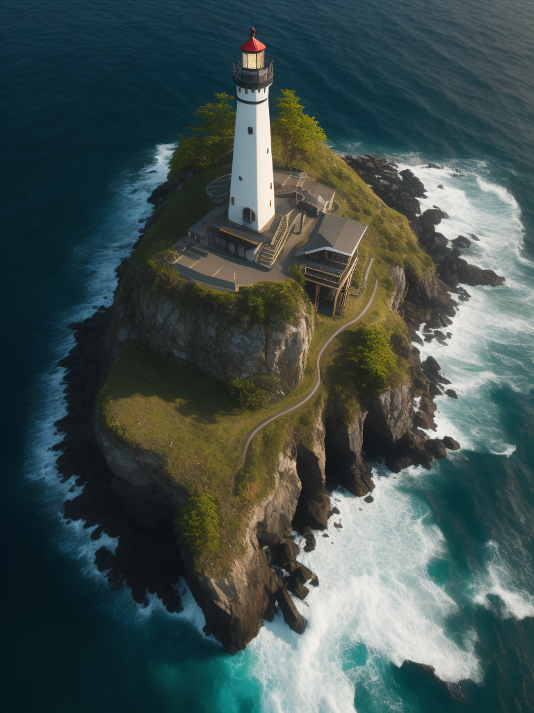 Drone photography, aerial view, Lighthouse island, Hyperdetailed, Beautiful landscape, Rocky cliffs, grass, Surreal, ocean, Coastal, Natural lighting, shadows, Chiaroscuro, waterfall, Hdr, 8k, wallpaper, Ivan Shishkin, Dustin Lefevre, intricate detail, Photorealistic