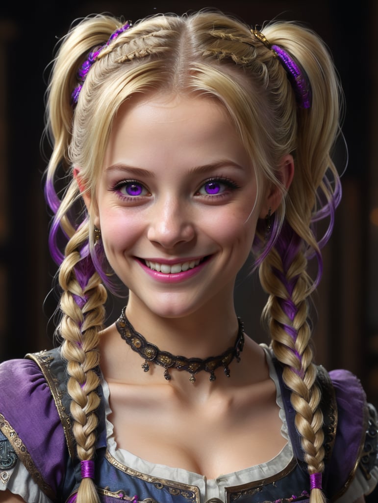 Blonde hair purple eyes pigtails smiling