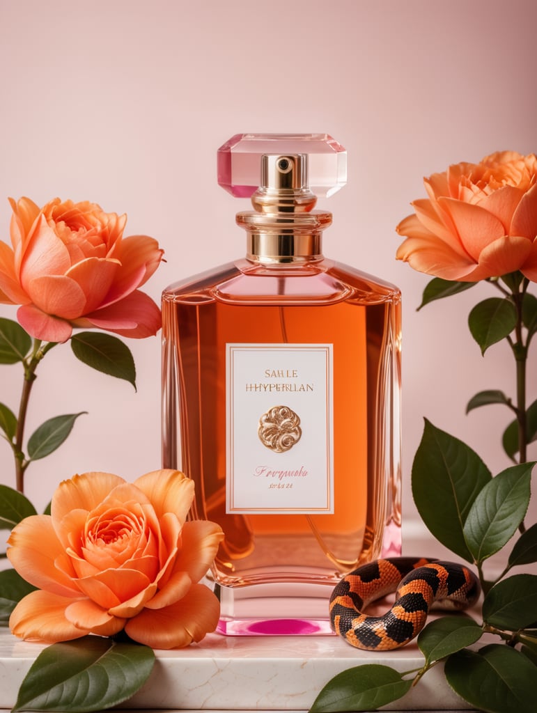 Pink and orange Floral background with snake and modern perfume bottle with blanc white label