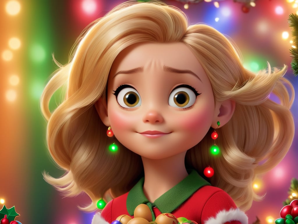 A Disney Pixar inspired movie poster with the title "Norah and Potato" in the image create a girl child with straight blond hair, blue eyes. she is holding an elf on the shelf. Christmas lights in the background. The scene should be in the distinct digital art style of Pixar, with a focus on character expressions, vibrant colors, and detailed textures that are characteristic of their animations.