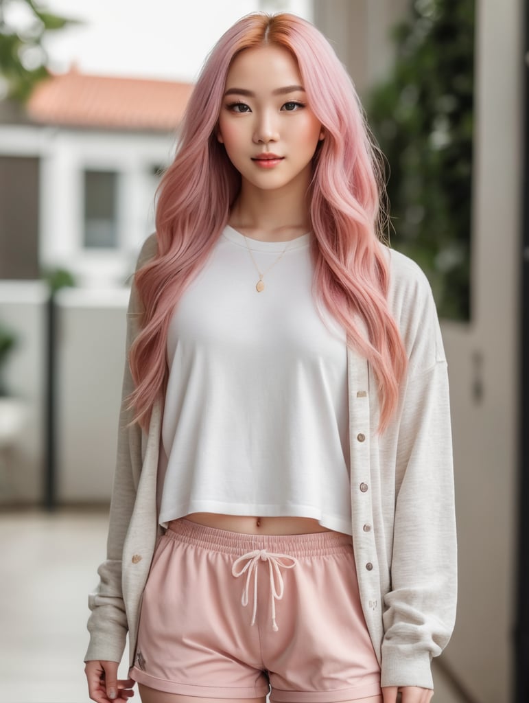 (full body portrait:1.3),dynamic pose,1girl,asian,pale skin,long pink hair,delicate face,heterochromia eyes,freckles,(oversized clothes:1.3,gym shorts:1.3),(thigh gap:1.3,thighs:1.3,one hip up:1.3,barefoot:1.3),white background,(best quality:1.2,ultra-detailed,realistic:1.37),soft colors,polished lighting