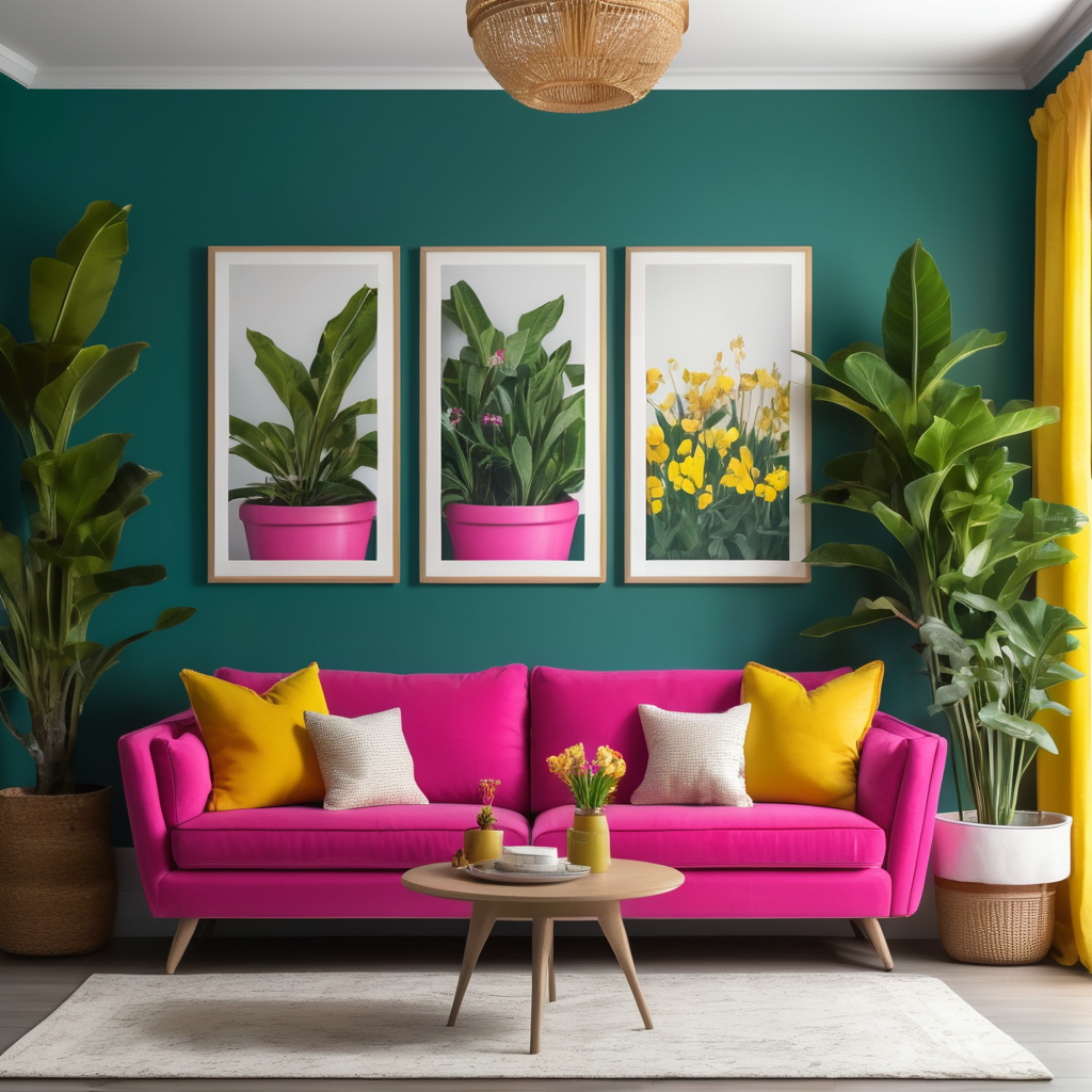 Mockup for two frames of 24x36 in. posters, hanging on a wall painted dark teal color, in a french modern country style livingroom, hot pink sofa and yellow pillows, many plants and flowers, bright livingroom