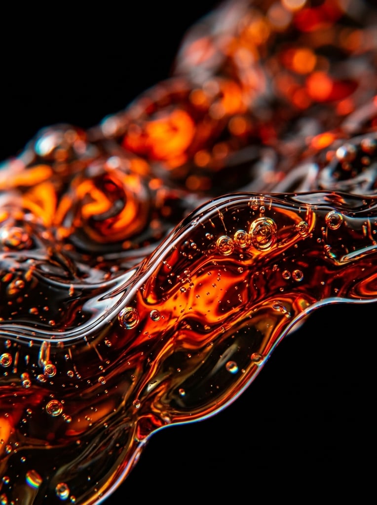 Abstract macro close-up of flowing viscous dark translucent liquid, thick organic waves, tiny suspended spherical bubbles exhibiting chromatic aberration, intense internal fiery orange and deep red glowing refractions, stark black background, ultra shallow depth of field with pronounced bokeh, highly glossy hyper-realistic fluid texture