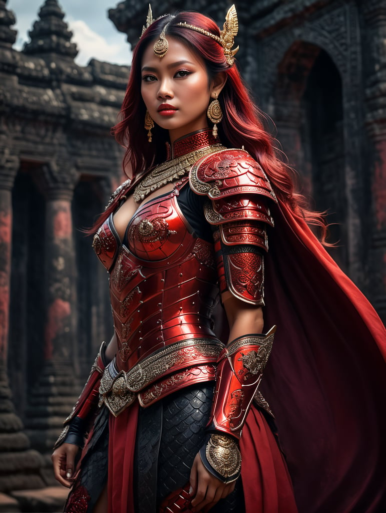 A young beautiful khmer girl in red armor and black hair against the backdrop of angkor wat temple in siem reap in red-burgundy tones, blurred background, focus on the girl, detailed armor, Dramatic Lighting, Depth of field, Incredibly high detailed