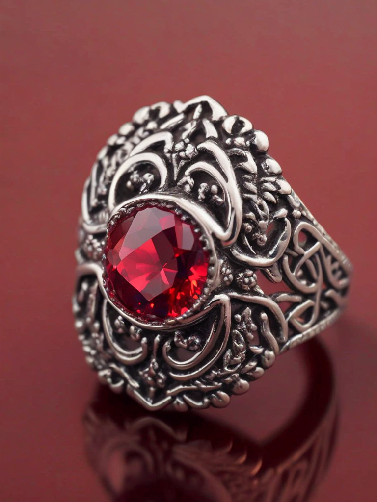 Royal silver ring with ruby, fantasy style, bright red background, rich colors, contrasting light, deep colors, high details