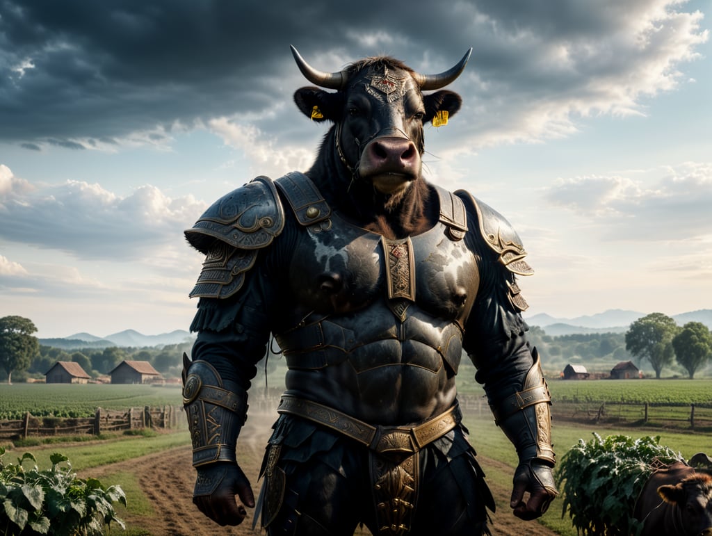 A cow dressed as a Roman gladiator and standing in a farm field.