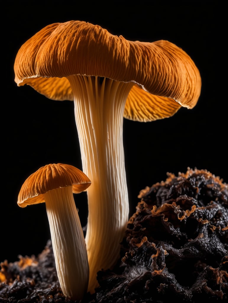 Macro photo of a black chanterelle mushroom, isolated, black background