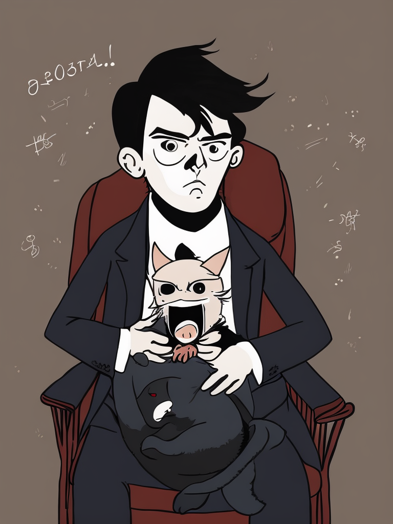 a vampire russian kgb man, successfully pretending to be an ordinary human citizen, sits in a chair and stroking his beloved cat, By Gemma Correll