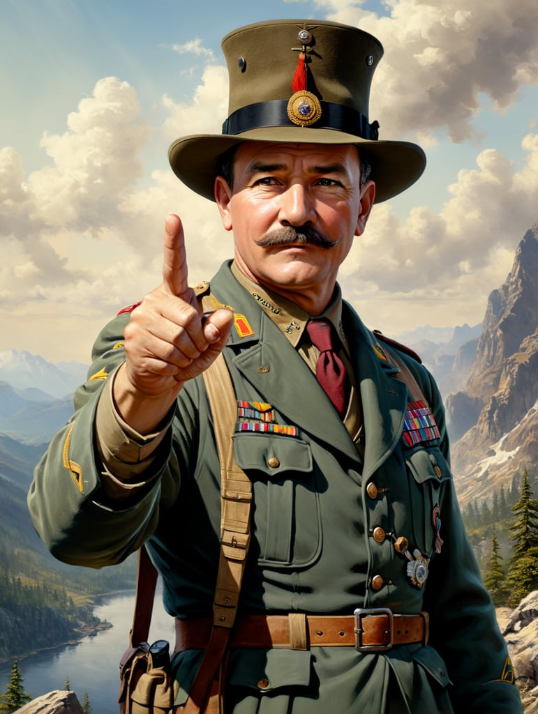 Image of Scoutmaster, Robert Stephenson Smyth Baden-Powell, looking and pointing his index finger forward, as if to say: Hey, you! Reminiscent of the famous illustration of Uncle Sam, with the hat and clothes by Robert Stephenson Smyth Baden-Powell. Pointing at the lens.
