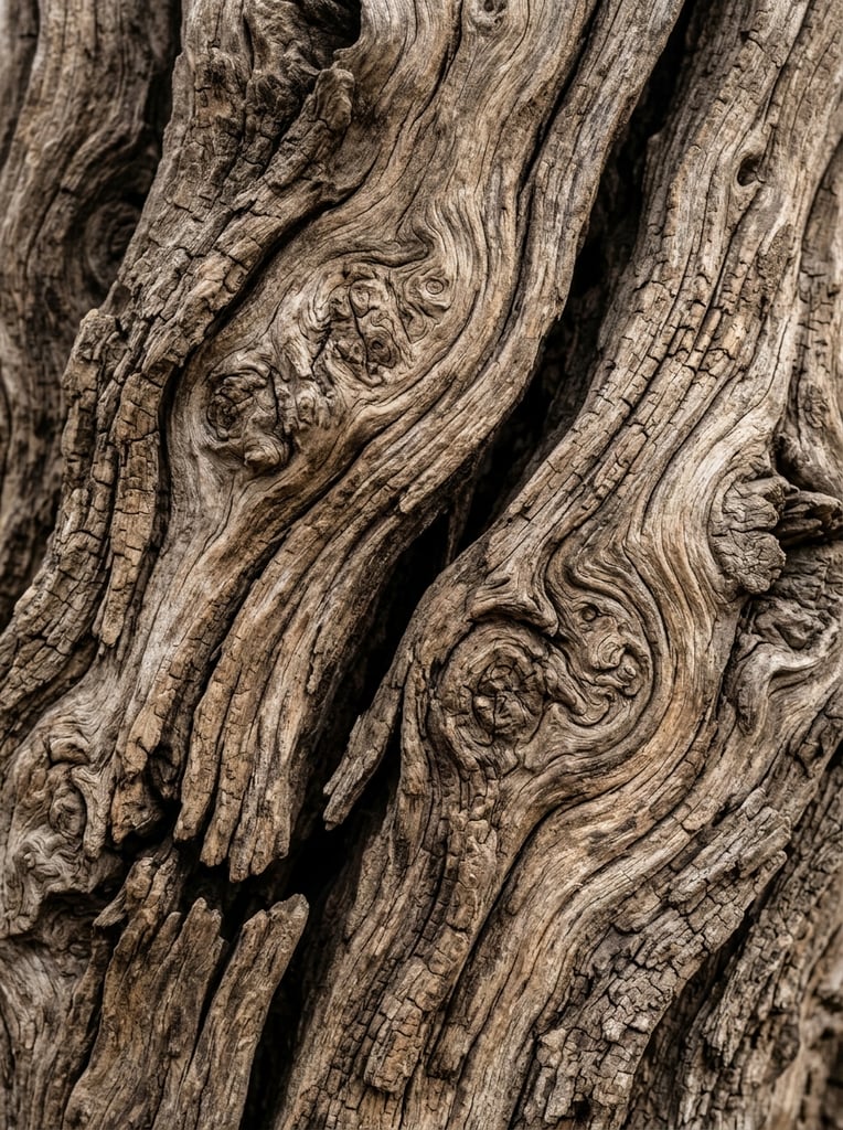 A macro photograph of weathered wood featuring deep, dark fissures and swirling grain patterns. The dry, craggy topography highlights prominent burls and fine cracks in taupe, beige, and deep brown. Diffused lighting accentuates the tactile ridges and shadowed crevices across the edge-to-edge frame.