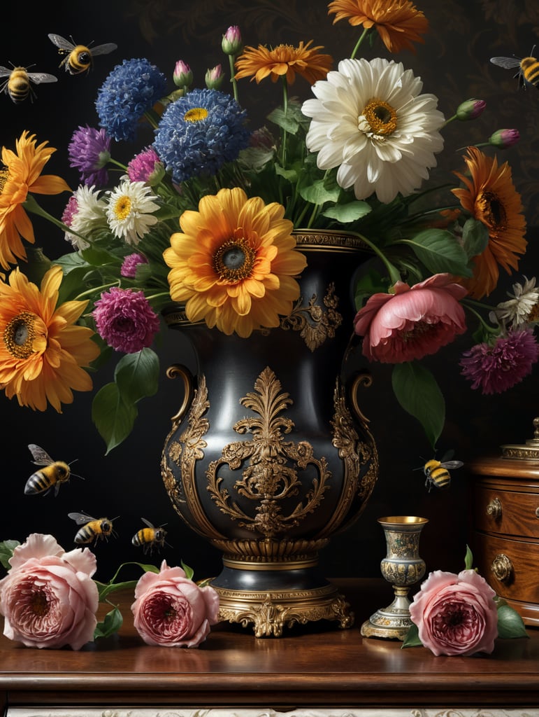 Bos bloemen in antieke vaas op antiek secretaire met vliegende bij