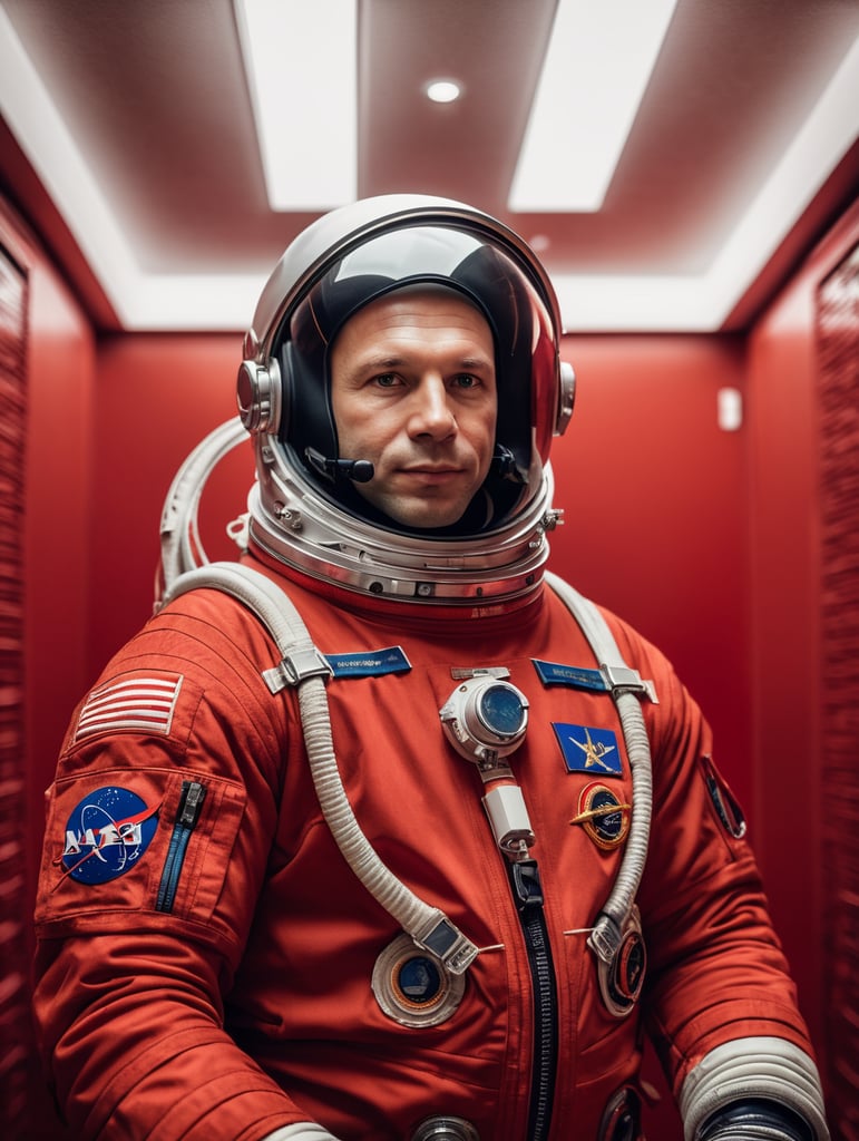 cosmonaut Yuri Alekseyevich Gagarin in a red space suit, a red space uniform