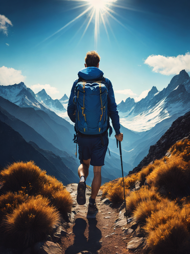 Man hiking in a mountain, brilliant blue sky, serene, peaceful, majestic, high detail, landscape, ultra hd, matte painting, highly detailed, concept art, contrast light, deep colors