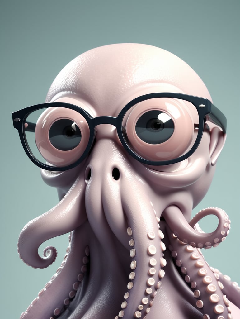 a 3D render of a female friendly octopus wearing glasses