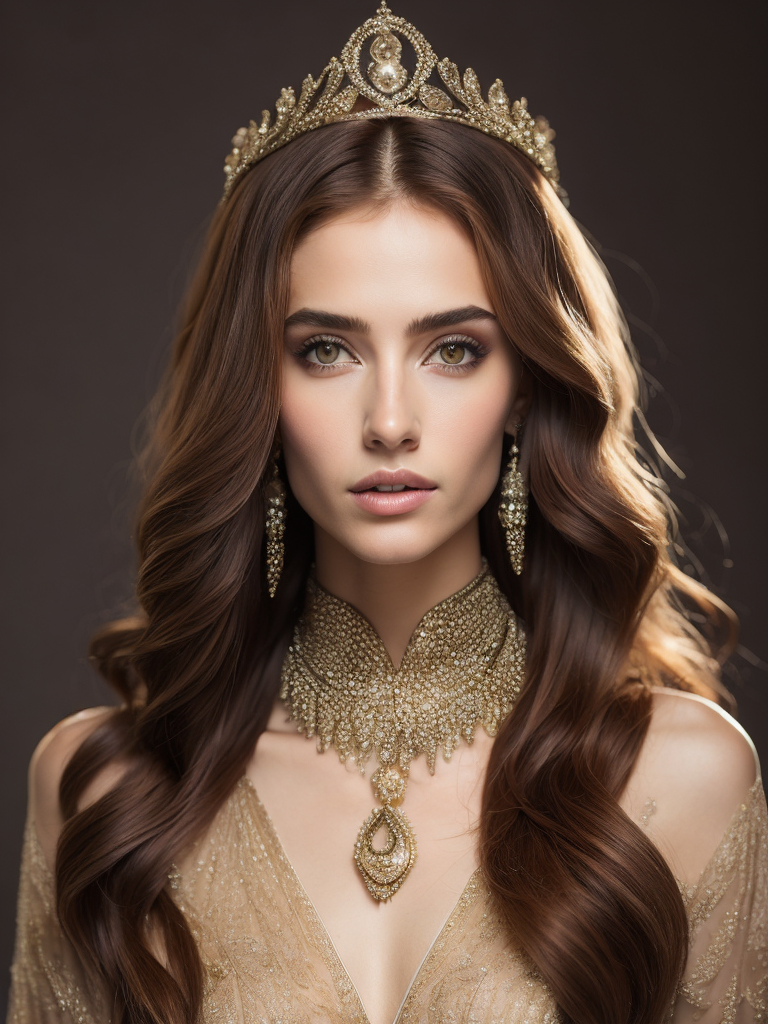 Beautiful portrait of an attractive princess, sparkling hazel green eyes, highlighted chestnut brown long straight hair, adorned in intricate golden jewelry, exotic beauty, highly detailed, digital painting, sharp focus