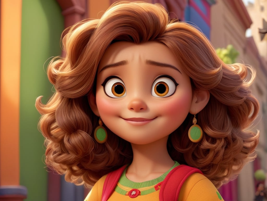 A Disney Pixar-inspired movie poster with title "Lulu Ribas", the scene should be in the distinct digital art style of Pixar in front of the Amazon opera theater, with a focus on character expressions, light Brown Curly hair, vibrant colors, and detailed textures that are characteristc of their animations, with the title "Lulu Ribas"