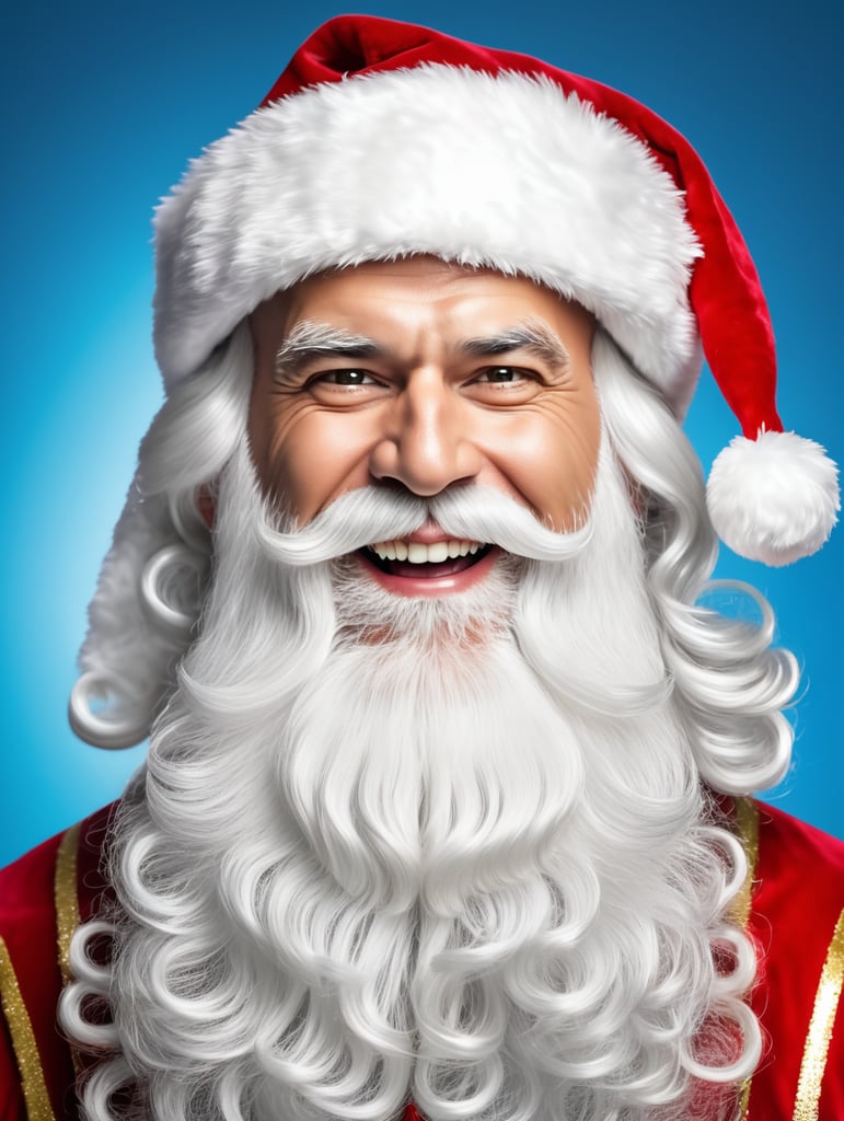 Santa claus with a long thick white beard, dressed in a mirror silver metallic chrome santa claus costume, santa claus cap on his head, in a cheerful mood, thick white eyebrows, professional studio photo, blue background, bright colors, contrasting light, high detail