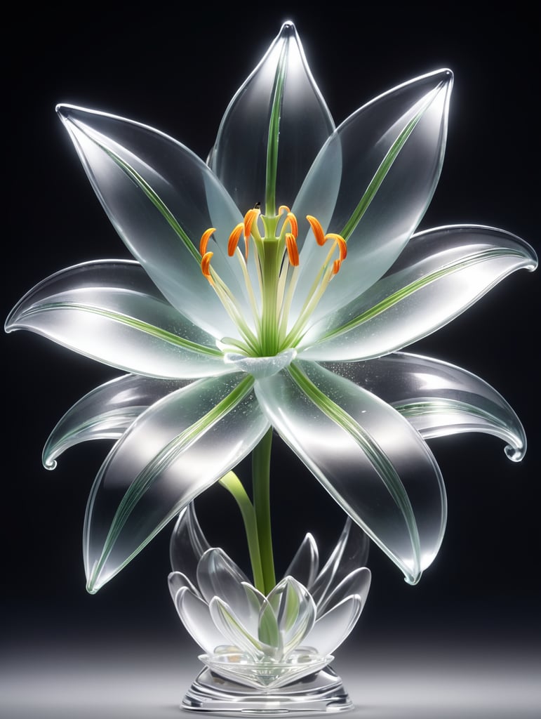 dreamscape a fully transparent Majestic glass lily flower, award winning, concept design, polycarbonate, visible quantum...