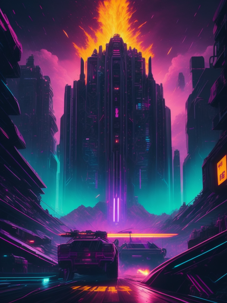 Epic battleground, beautiful synthwave new supermachines painting, digital illustration, extreme detail, digital art, 4k, ultra hd, futurewave, explosions, deepspacing, supermachines