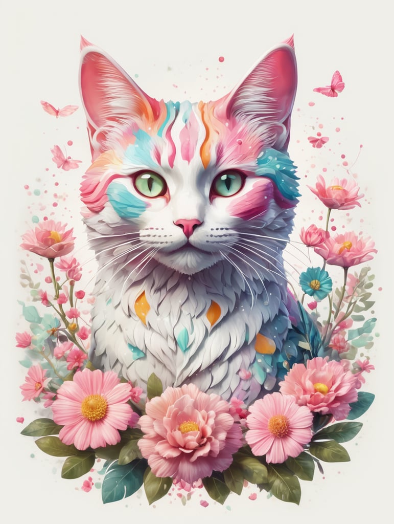 A detailed illustration of a print of a colorful cat, fantasy flowers splash, vintage t-shirt design, in the style of Studio Ghibli, light white and pink pastel tetradic colors, 3D vector art, cute and quirky, fantasy art, watercolor effect, bokeh, Adobe Illustrator, hand-drawn, digital painting, low-poly, soft lighting, bird's-eye view, isometric style, retro aesthetic, focusedon the character, 4K resolution, photorealistic rendering, usingCinema 4D