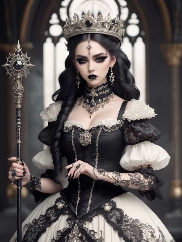 Anime magical girl in gothic ornate victorian dress with crown and gothic makeup and piercings holding magical staff