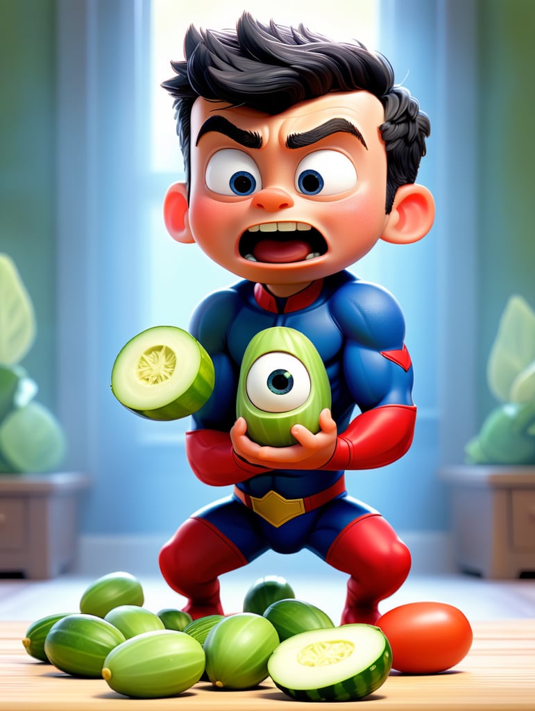 Crea un immagine di un bambino supereroe che mangia un cetriolo e fa delle puzzette e fa svenire chi glie è vicino.