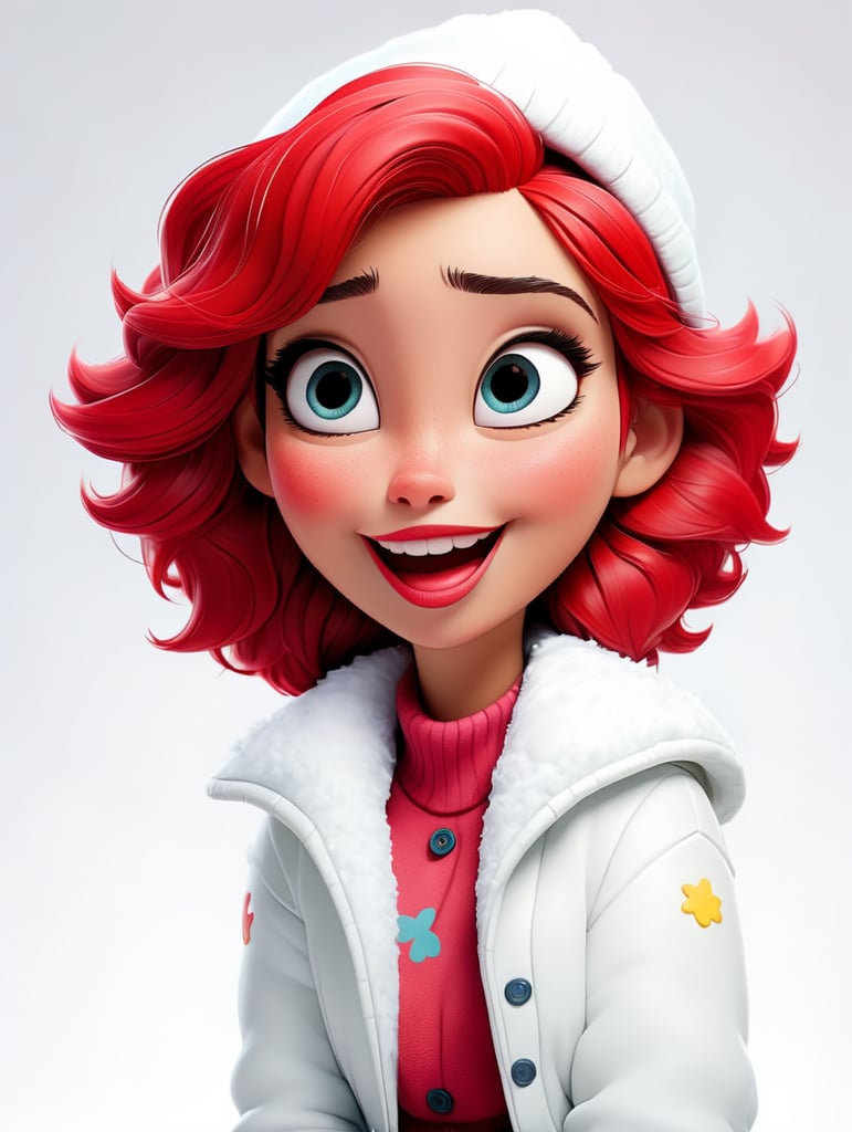 a happy young women with colored hair and red hat on his head is wearing a white fluffy jacket, isolated