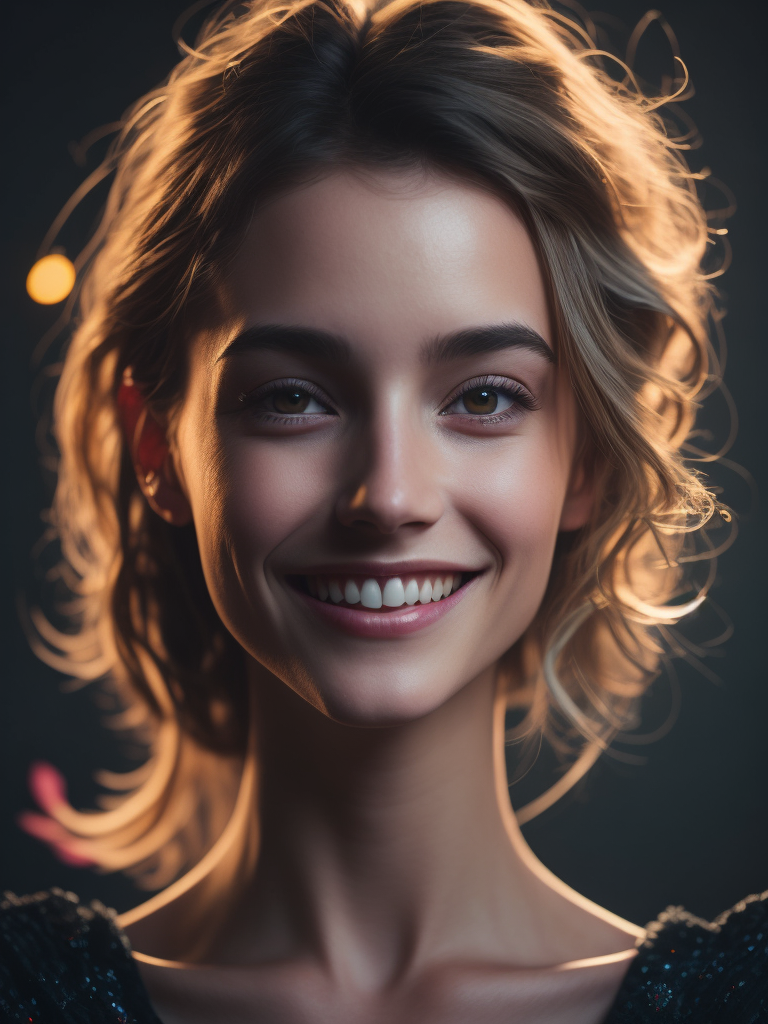 closeup portrait of a cute 1girl, fun mood, smiles, flowers around, flares