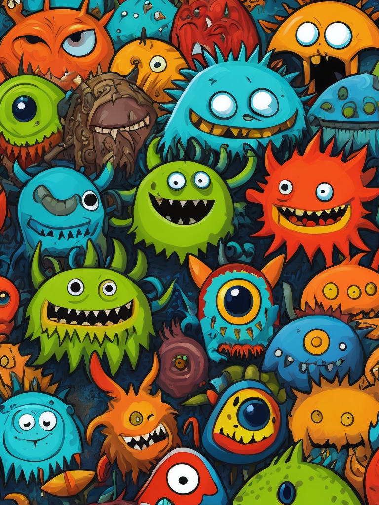 Many monsters, doodle art style, colorful, funny