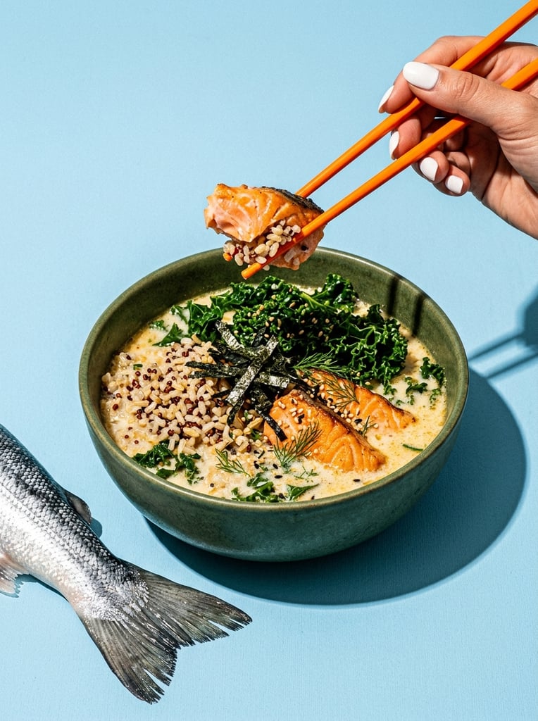 A dark green ceramic bowl of creamy broth topped with sliced salmon, vibrant kale, mixed grains, and seaweed. A hand with white fingernails reaches from the upper right, using bright orange chopsticks to lift a piece of fish. A raw, silver-scaled fish tail extends leftward from behind the bowl. Set against a solid light blue background, hard directional studio lighting creates crisp, high-contrast drop shadows to the lower right, emphasizing the bold graphic arrangement and saturated colors.