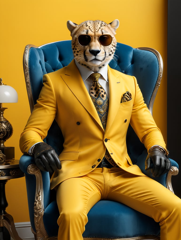 a sleek looking cheetah, sitting on a tufted blue velvet chair, bright yellow background, wearing an expensive suit, with very large dark sunglasses, hands in lap, full body with black shiny shoes, black leather gloves, black leather shoes, facing front, super crisp, photographic canon 80d, daylight, bold, fantastic