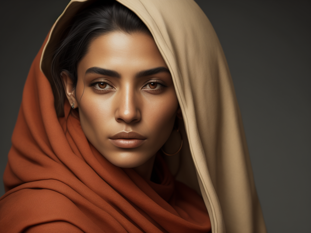 a photorealistic image of an Berber woman from the Bible,National Geographic style, she has a noise ring piercing, face line minimalist tattoos, side view, crossed hands, brown eyes, olive skin, she wears see green and blue wrinkled linen tunic, tanned, hair flowing in the wind, extremely detailed, realistic face, natural skin texture, extremely detailed skin with skin pores, peach fuzz, wearing red linen clothes, Israeli beauty, award winning photo, nikon d850 film archival photography, extremely detailed, amazing, fine details, rich color, texture hyper realistic, spectacular lighting, unreal engine, trending on artstation, 3 4 body view, realistic photo, RAW photo, high quality, high resolution, sharp