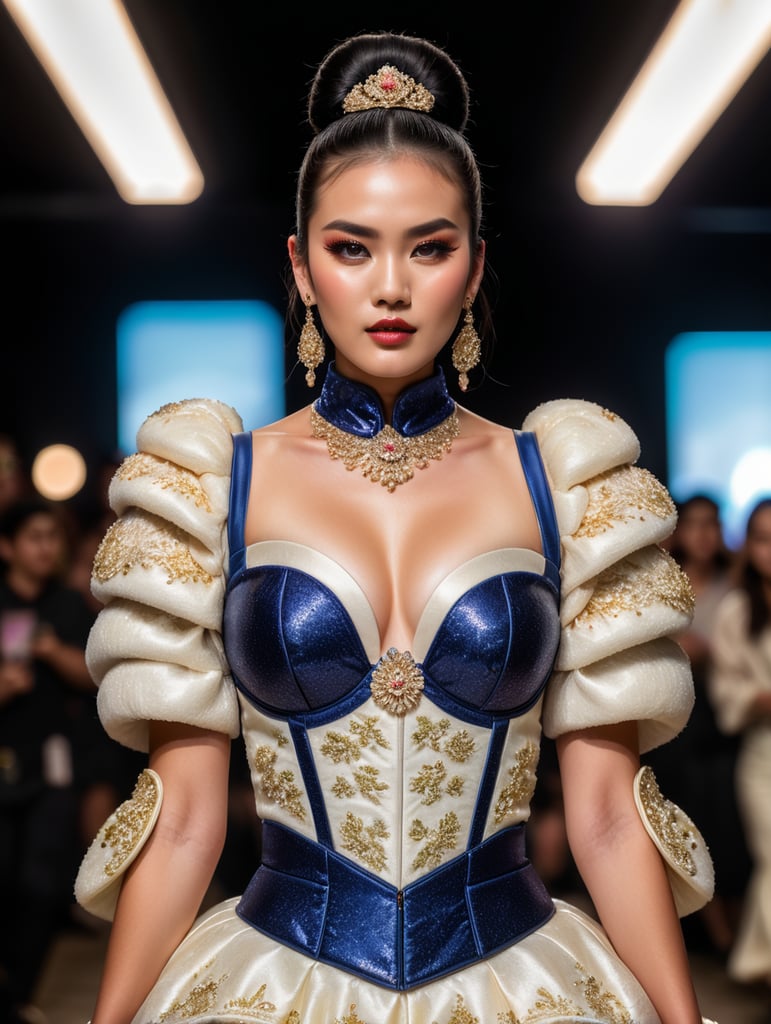 Asian female model walking down a fashion show runway, dressed in a cloths made of buns , dark short hair, neon makeup, bright eyes, luscious lips, lights are pointing at her, the audience applauds, female full body