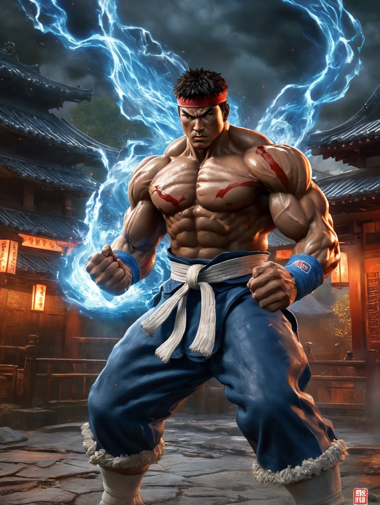 Ryu street fighter character, detailed portrait, fight, blood, scream, blue energy blast, full body, background old style japan house, fire