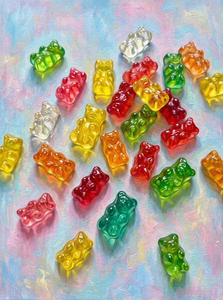 scattered translucent gummy bears in red yellow orange green and clear, vibrant glossy gelatin texture, bright specular highlights, colorful cast shadows, mottled pastel blue and pink background, realistic oil painting on canvas