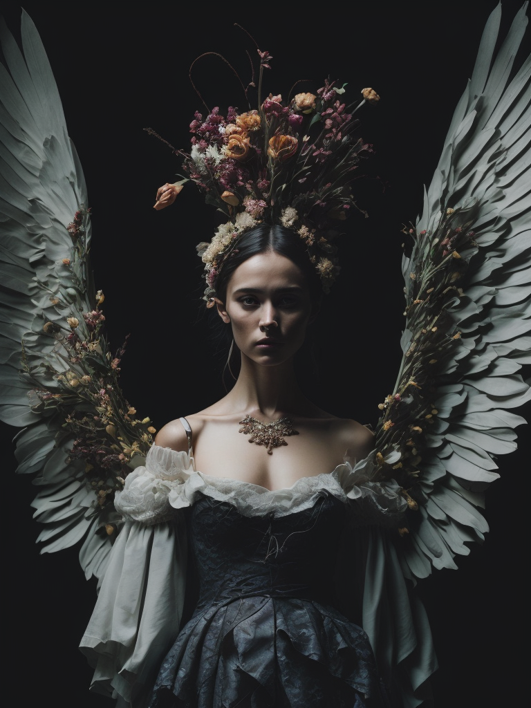 A black background half body portrait of an angel in a dress made of flowers by zdzisław beksiński and steve mccurry and yoshitaka amano, in style of digital illustration art, rembrandt lighting, hyper detailed, sharp focus