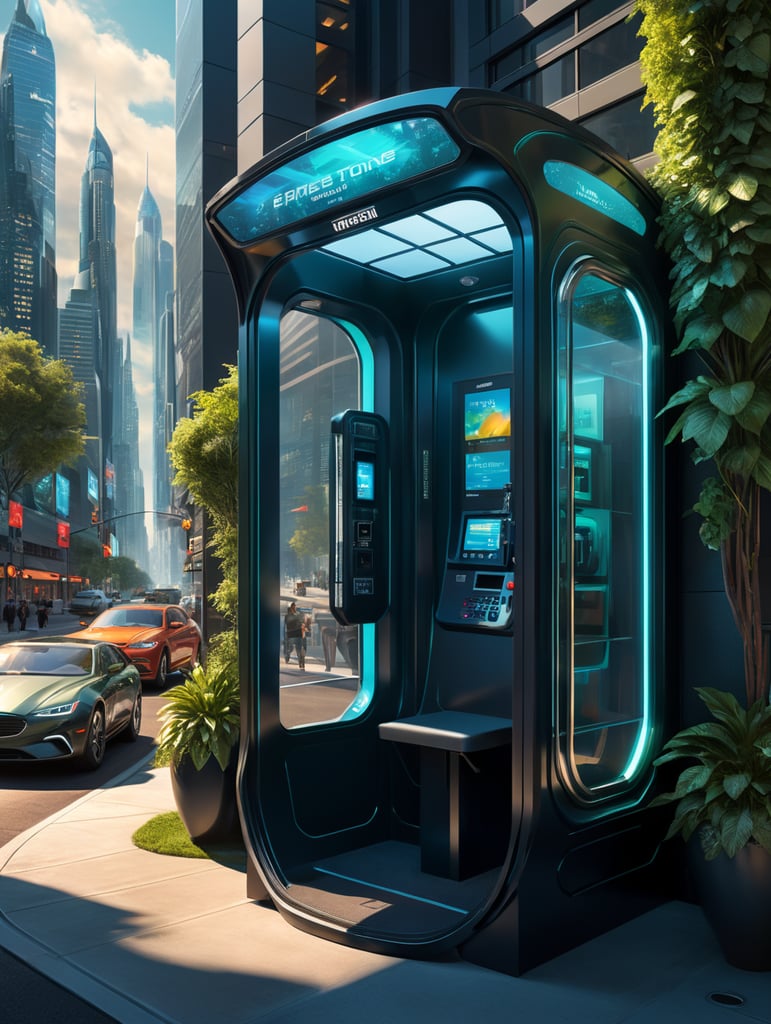 A sleek, state-of-the-art telephone booth with cutting-edge technology and solar power integration, presented through a professional digital illustration style. In the spirit of concept artist Syd Mead, this image showcases a futuristic, cityscape backdrop. The booth exudes minimalism and sophistication with its clean lines and advanced touchscreens. The color palette is a mix of cool, futuristic blues and vibrant, eco-friendly greens. Facial expressions are determined and focused, bathed in the glow of a digitally enhanced atmosphere, demonstrating the embodiment of professionalism in modern technology. --v 5 --stylize 1000