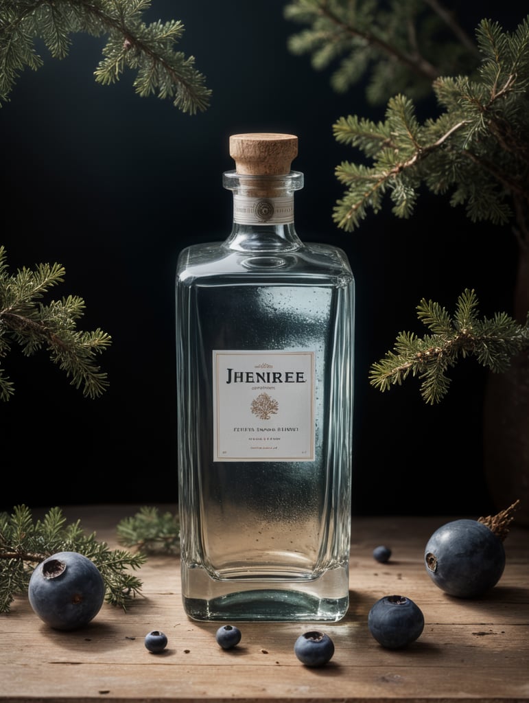 professional photography of a square gin bottle, square bottle, surrounding a juniper and juniper berries, one shot of gin in a front, no label, clear, mockup