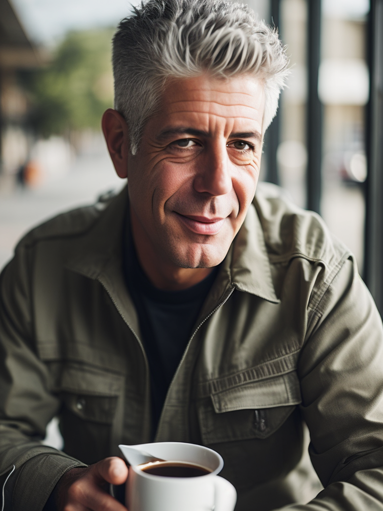 anthony bourdain in camouflage jacket and drink a morning coffee at the terrace use a light suit with black thick rims, sharp focus, highly detailed, vintage style. photoreal: 1.4, lifelike,highly detailed CG unified 8K,looking at the viewer smiling, (HQ skin:1.4), 8k uhd, dslr, soft lighting, high quality, film grain, Fujifilm XT3