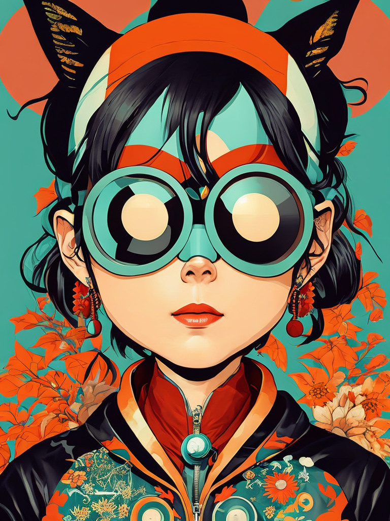 Magazine cover poster, upper portrait of anime girl with cat, ultra detailed, cel shading, artistic, shibuya fashion, harajuku fashion, mucha, frida kahlo, vivid floral oversized sukajan bomber jacket, trends of pixiv, headline, logos labels, badges, graphic design, art by miyazaki hay takashi murakami oda eiichirō