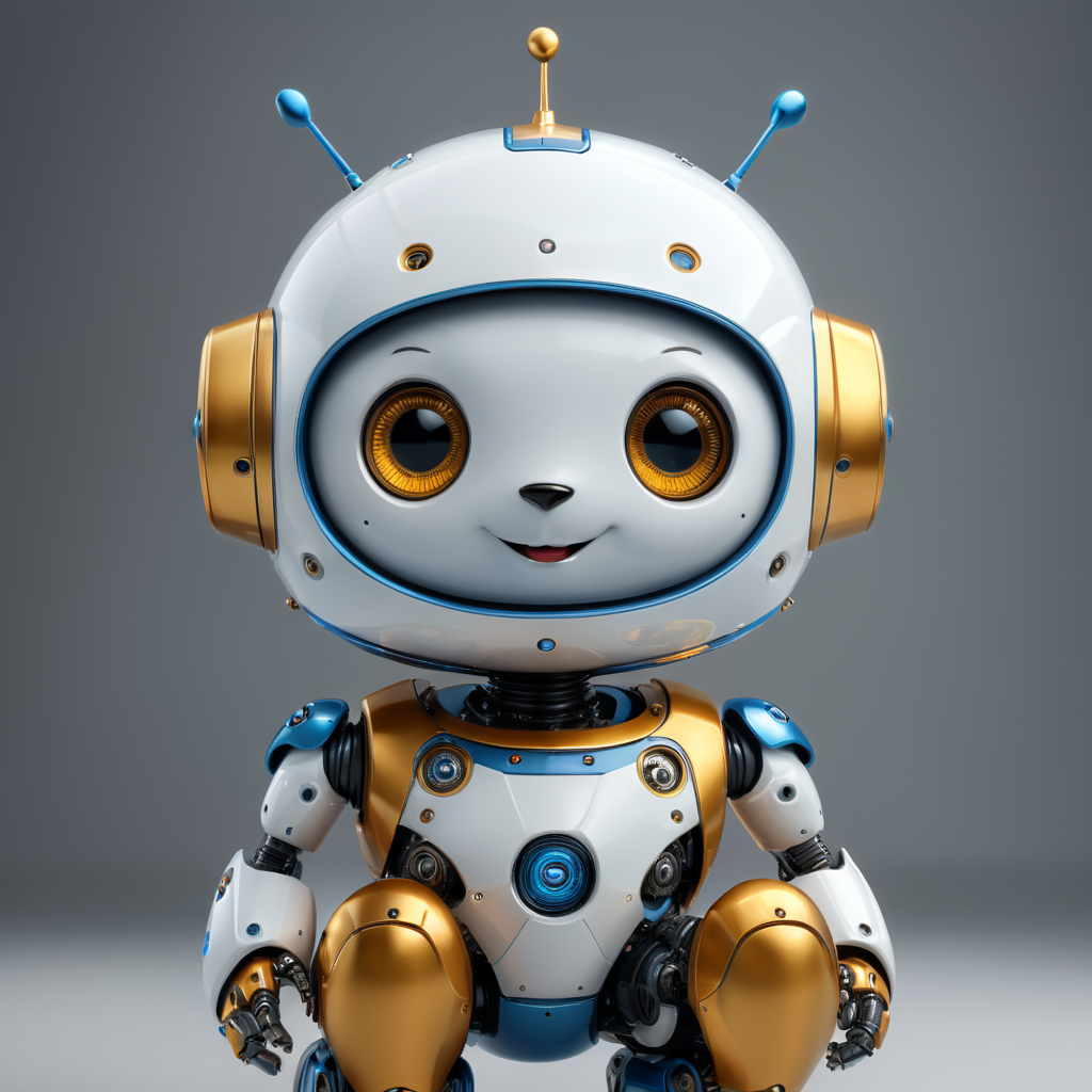 Friendly Blue Cute Chat bot for web page white face-screen with smile wheels instead legs gray background