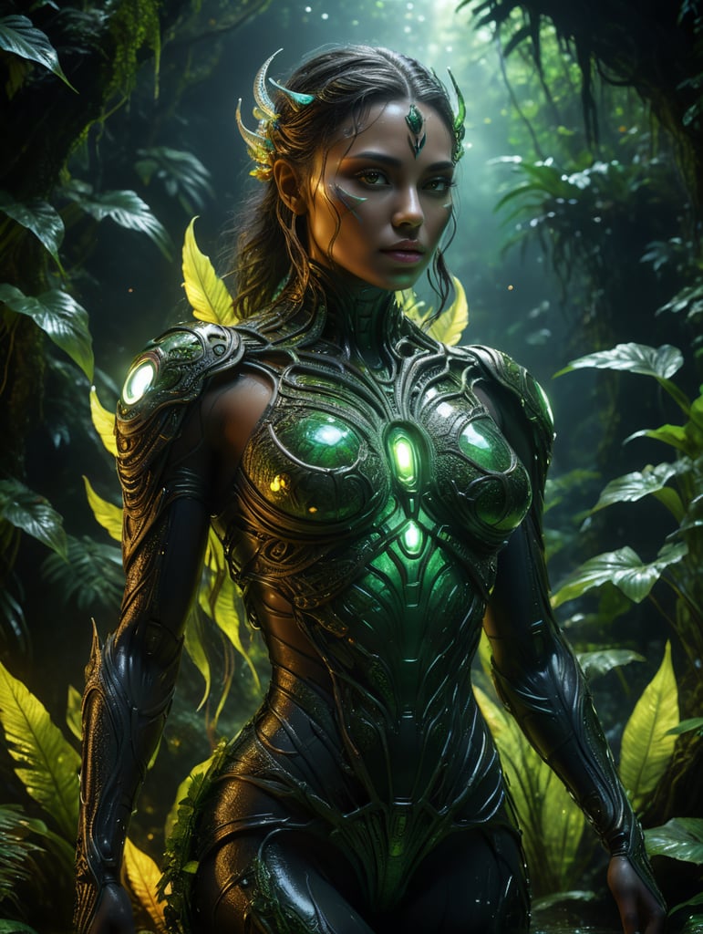 detailed photos of something humanoid women made entirely of otherworldly luminescent and translucent liquid materials, on night jungle river , you can see all the inside of his body, supernatural style, realistic style, infinite ultra high definition image quality and rendering, infinite image detail, infinite realistic render, infinite realistic RTX global illumination, infinite special effect