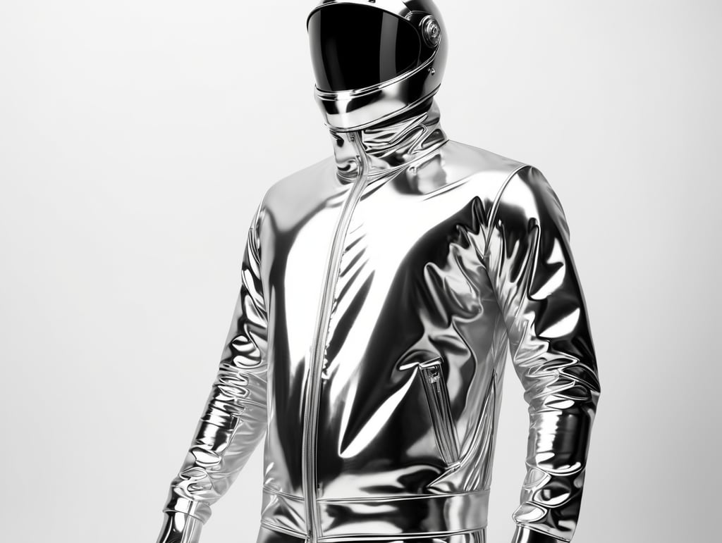 A realistic photo of a chrome shiny jacket on a invisible mannequin, coverall with reflective material, isolated, white background